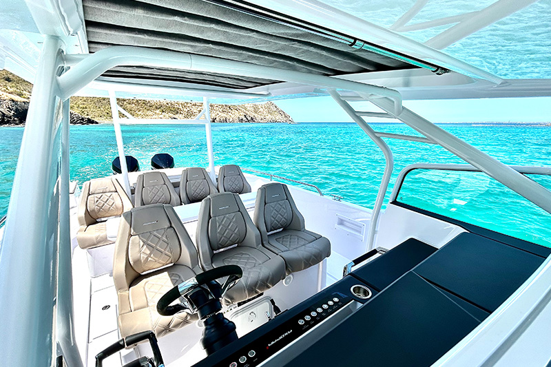 The Axopar 37 is an elegantly designed yacht, with clean lines.