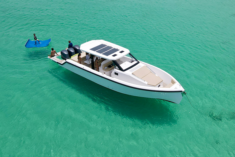The Impluse 43 is an elegantly designed yacht, with clean lines.